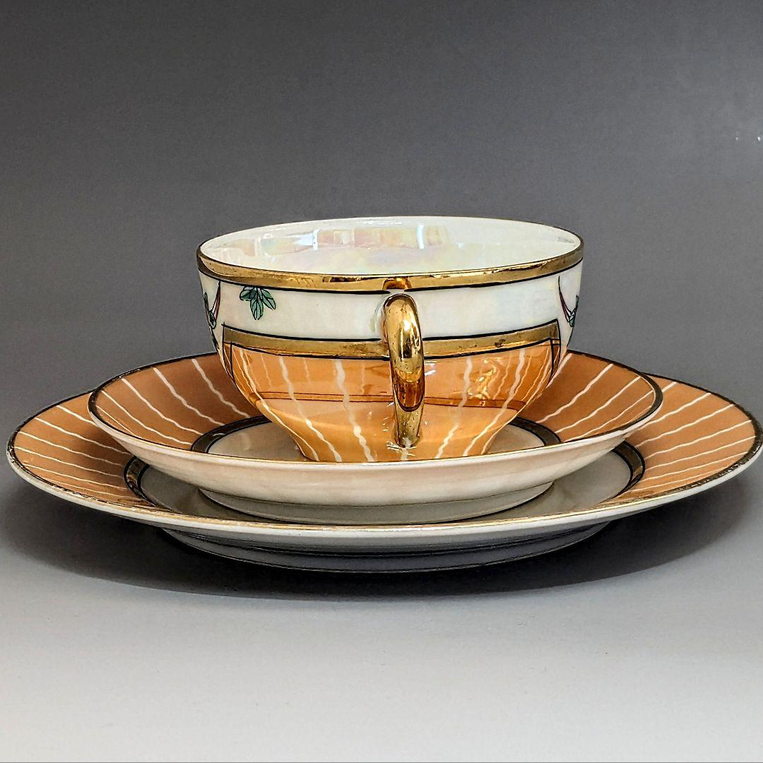 オールドノリタケ アールデコ期大銘品！金彩虹ラスター花籠絵図キャビネット トリオ