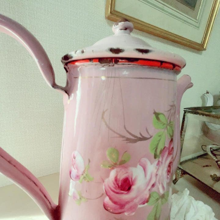 セールフランスアンティーク　ローズペイントの美しいピンクのホーロー ポット　希少