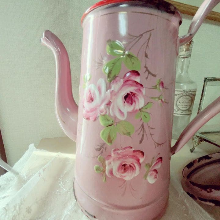 セールフランスアンティーク　ローズペイントの美しいピンクのホーロー ポット　希少