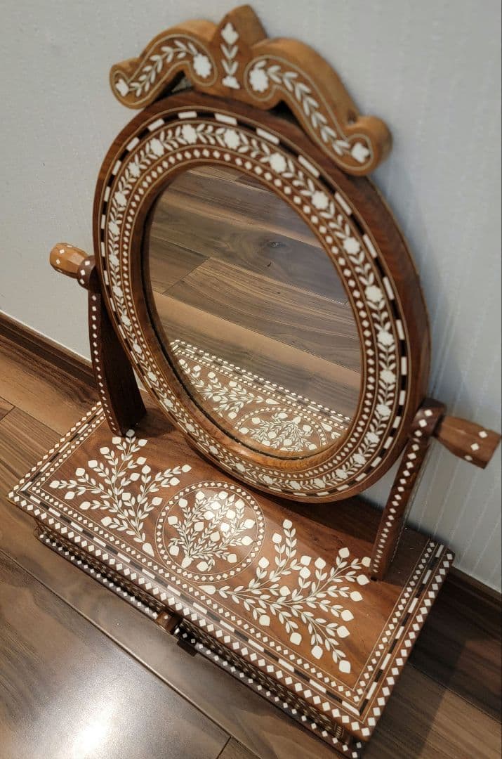 【未使用　自宅保管品】象嵌細工の木製鏡　アンティーク　収納付きミラー　鏡