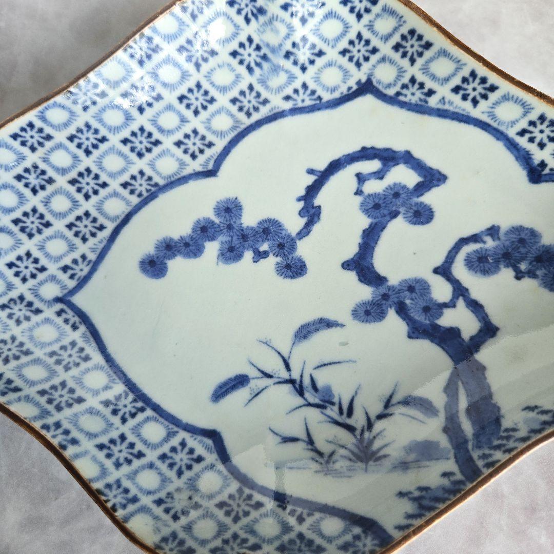 古伊万里　型紙摺　隅入菱皿　江戸時代　染付　変形皿　金直し　金継ぎ　アンティーク