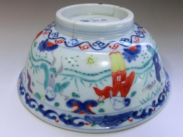 大鉢■太明成化年製銘 のぞき赤龍紋 人物 唐草 古玩 唐物 時代物 骨董品■