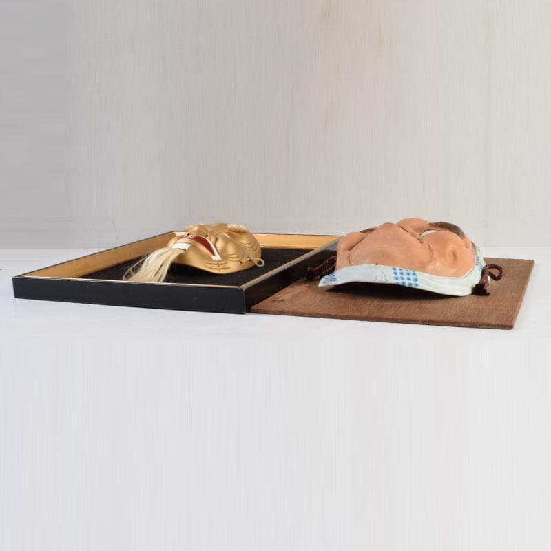 能面　能楽　雅楽　陶器製　翁　ひょっとこ　お面　2点まとめて　額装　V9153A