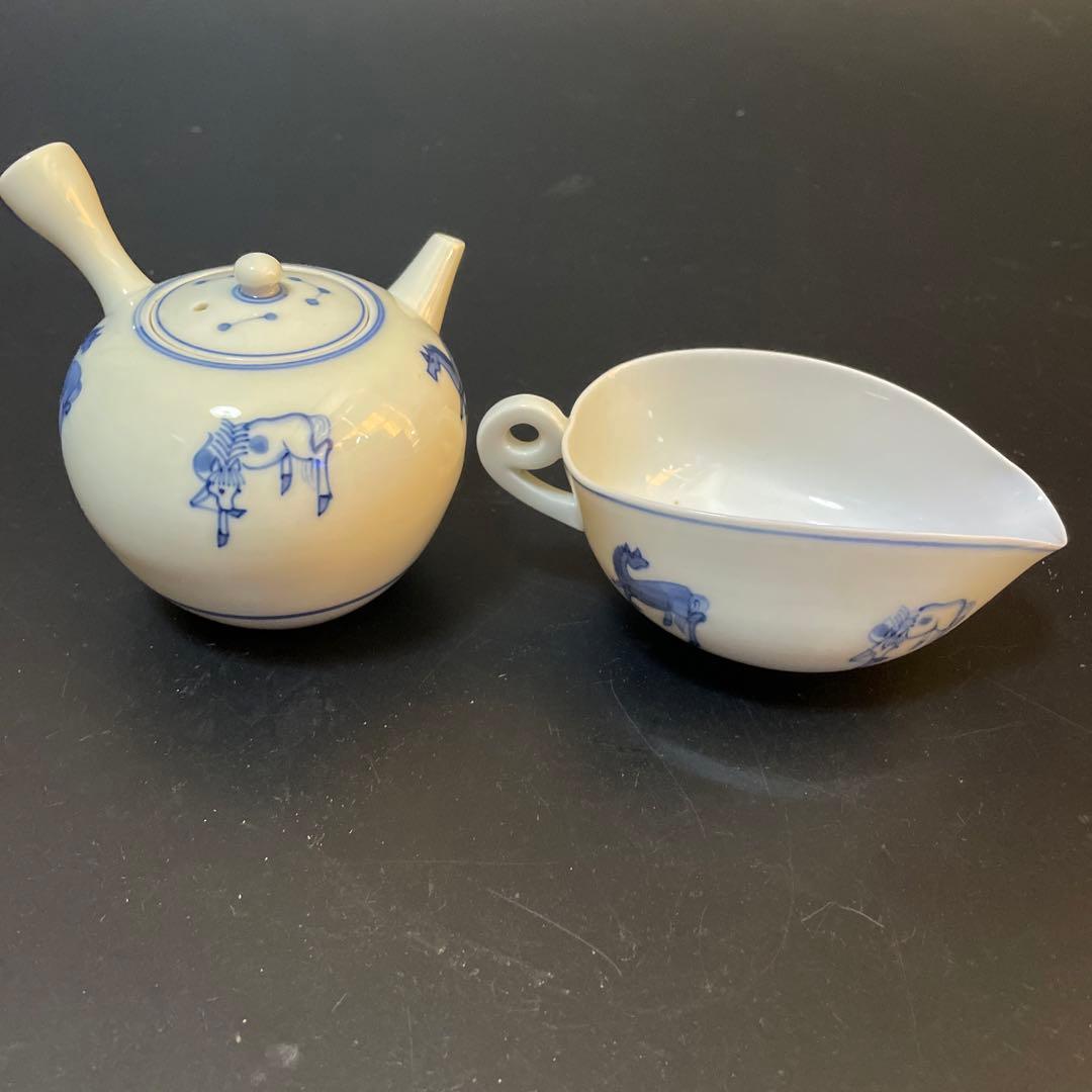 古い染め付け茶器　在名あり　雲魯？急須　前茶碗　建水