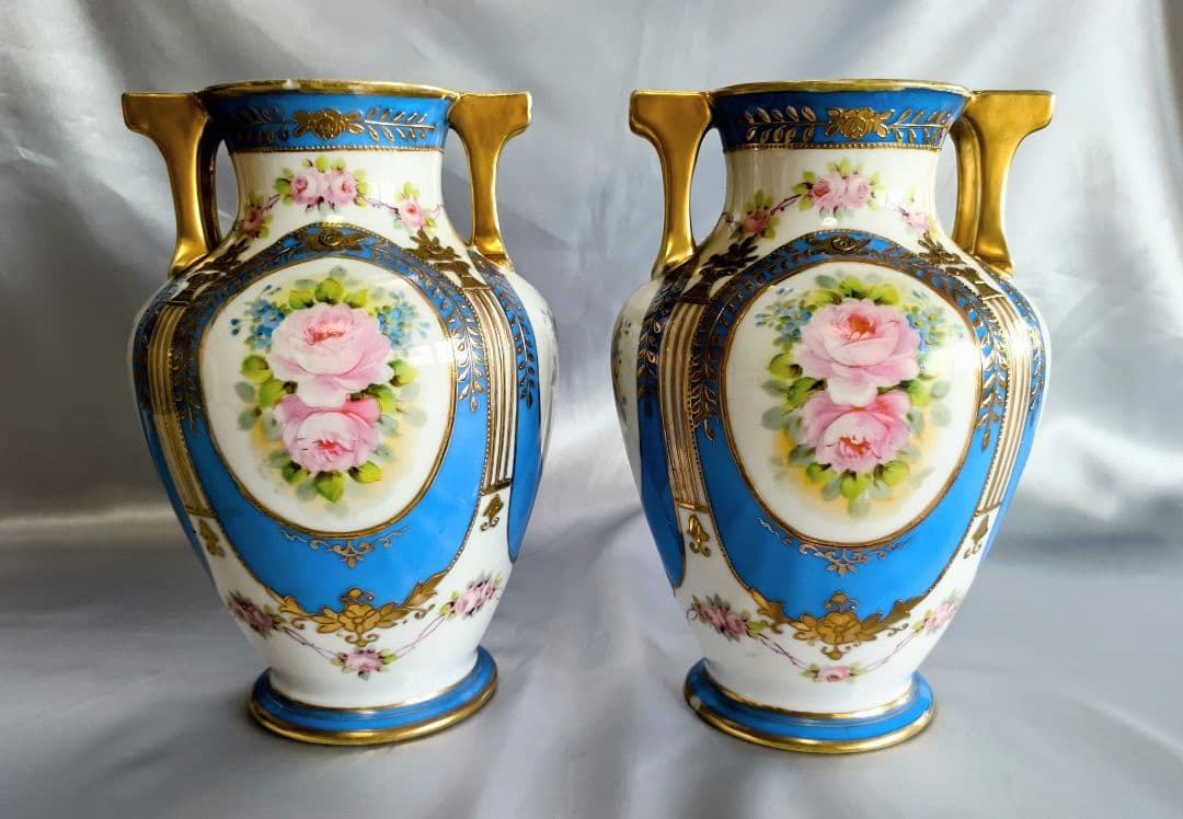 オールドノリタケ 明治期アンティーク マルキ印 青と白の花柄 ペア花瓶２個セット