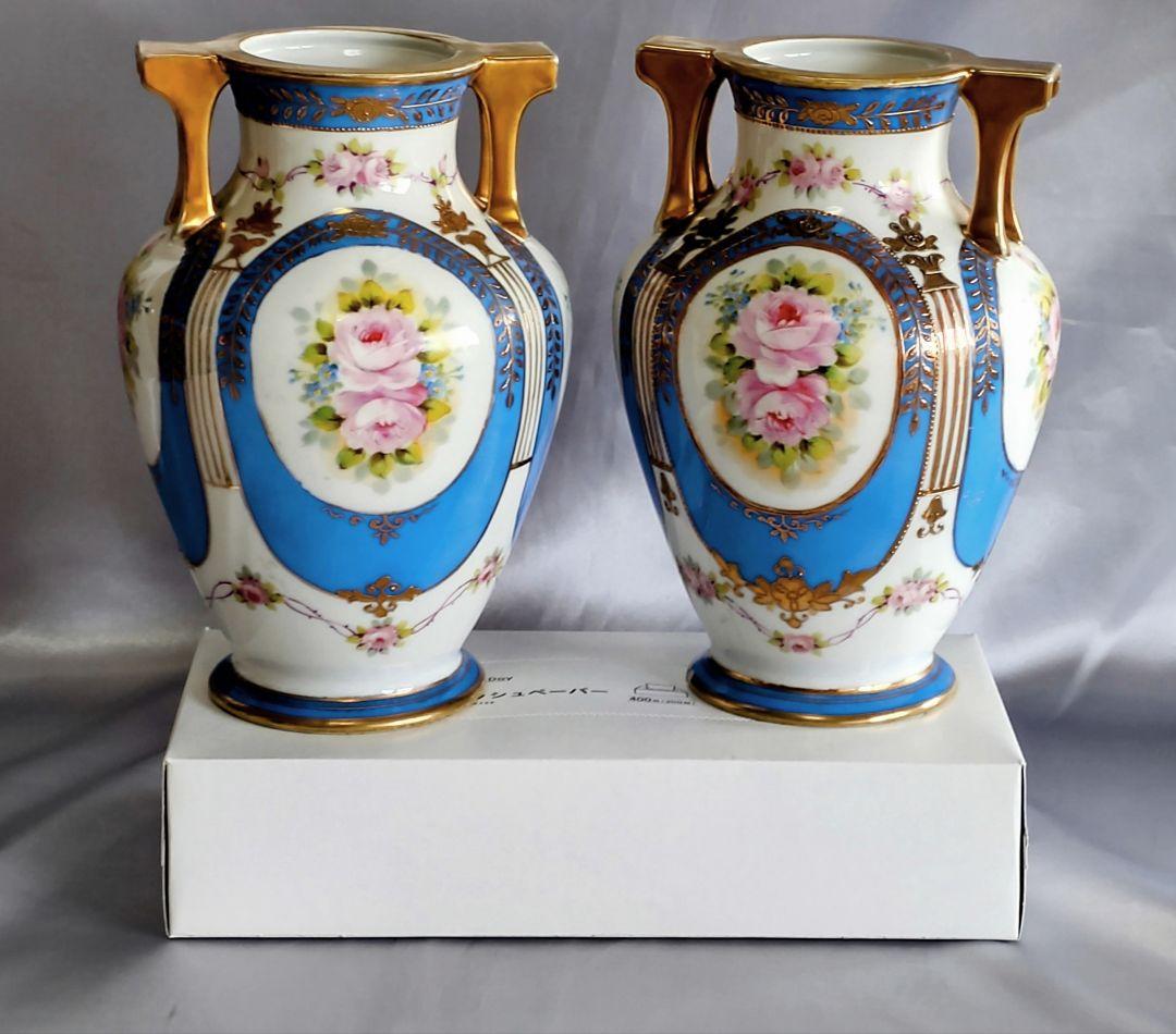 オールドノリタケ 明治期アンティーク マルキ印 青と白の花柄 ペア花瓶２個セット