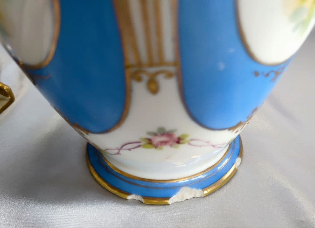 オールドノリタケ 明治期アンティーク マルキ印 青と白の花柄 ペア花瓶２個セット