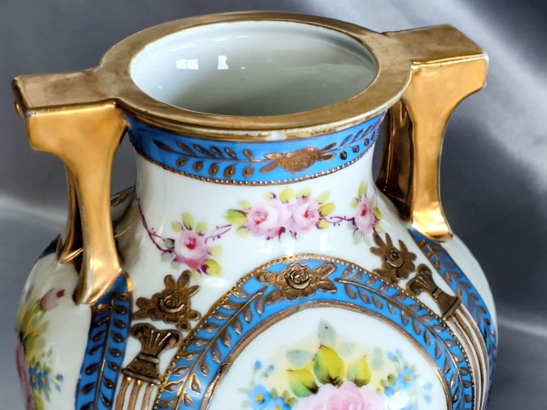 オールドノリタケ 明治期アンティーク マルキ印 青と白の花柄 ペア花瓶２個セット