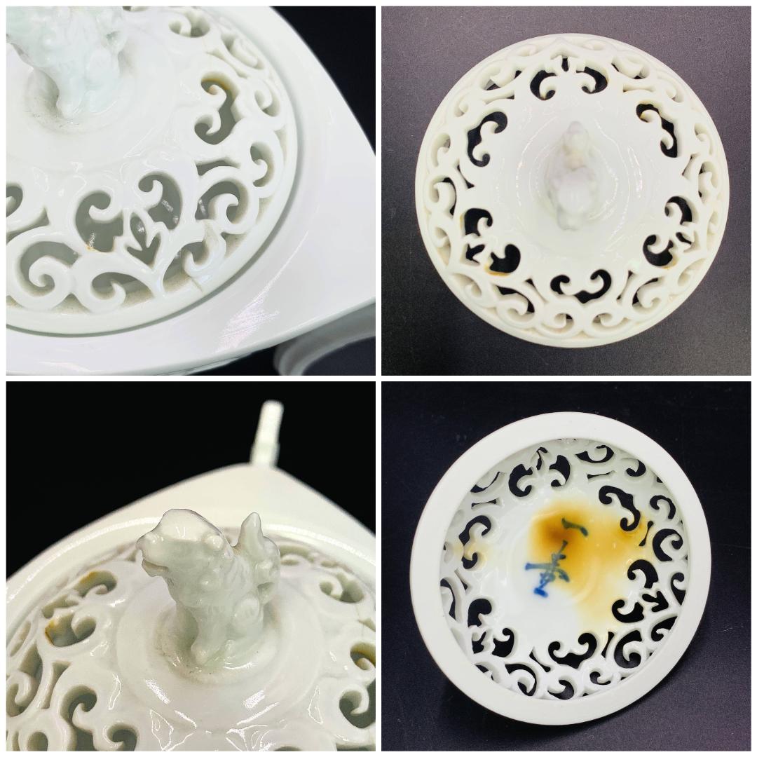 白磁 透かし彫 香炉　一壺造　三足・獅子摘み　共箱　H12.5×W13.5cm