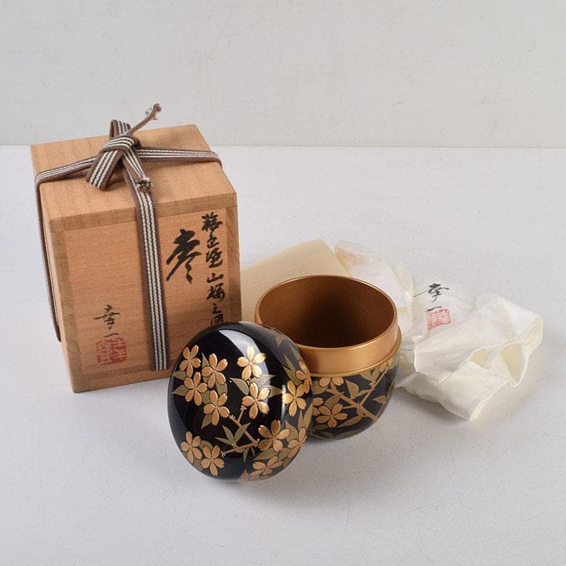 茶道具　輪島塗　佐藤幸一作　山桜之図　棗　共布共箱　M　R9294