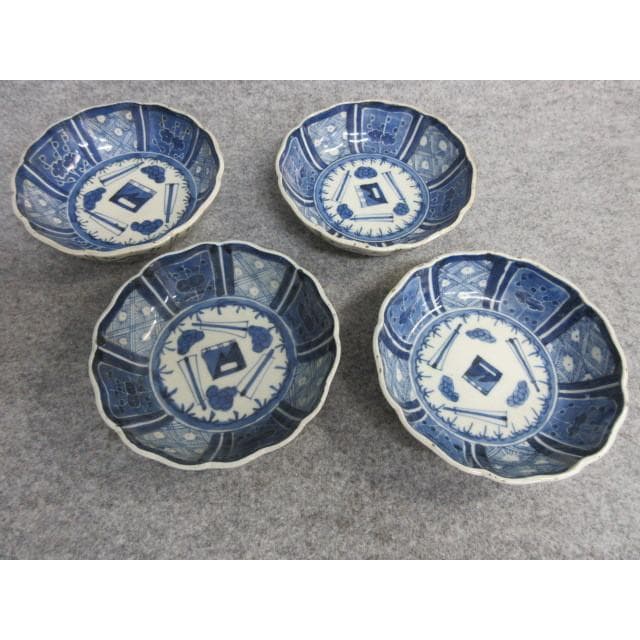 伊万里焼染付扇子に花図なます皿4枚 [B26030]