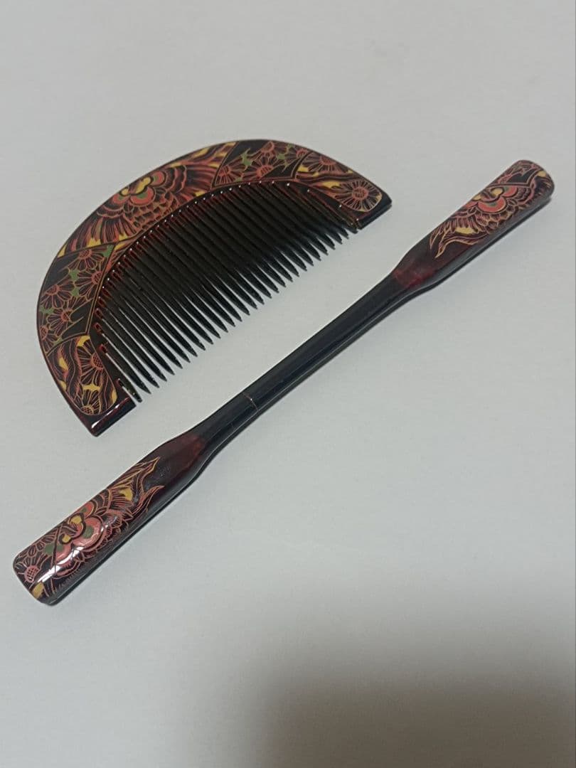 漆塗り花柄櫛とこうがいセット