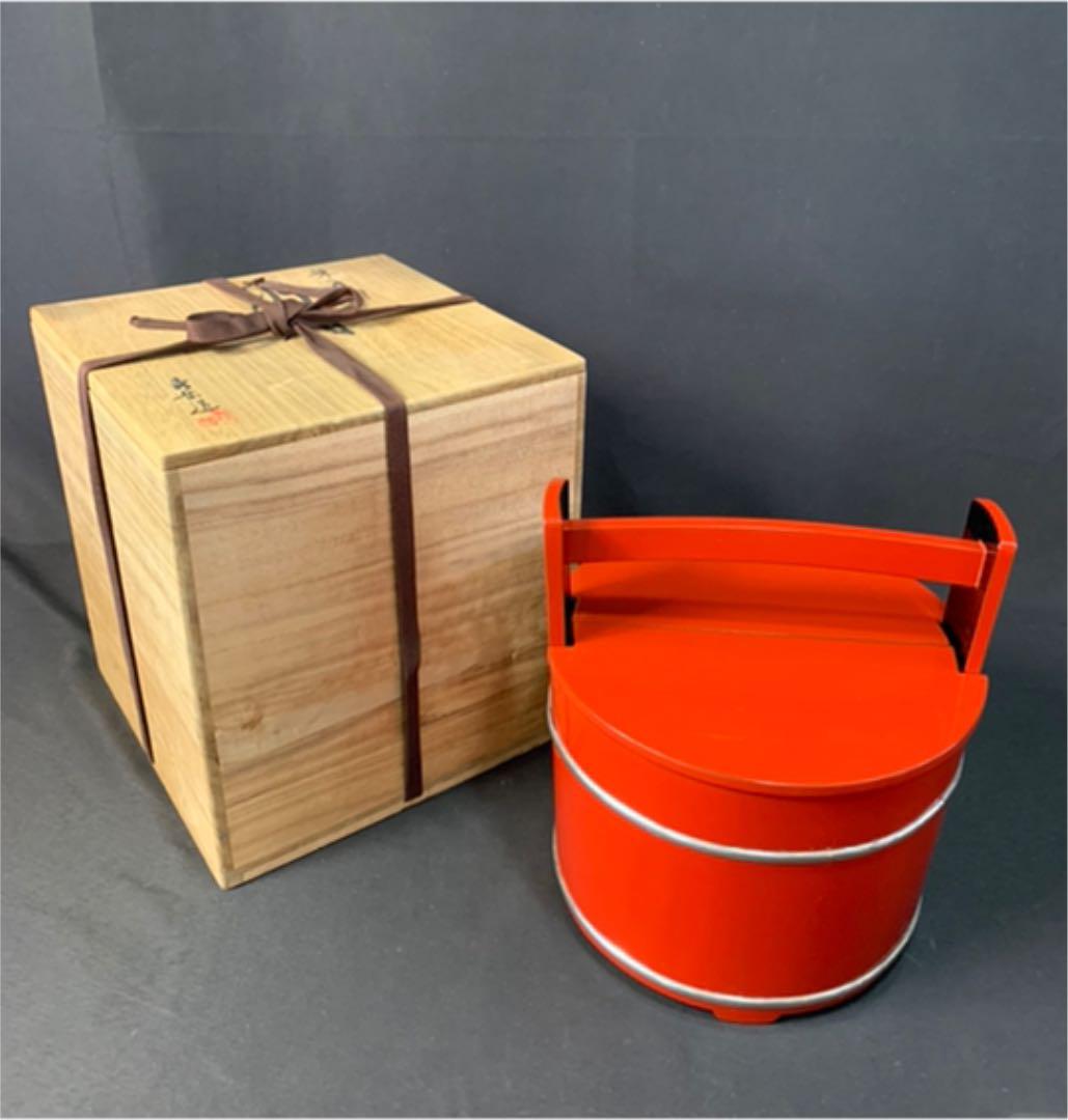 D868 送料無料　朱手桶　水指　秀岳造　共箱　茶室　茶道具　漆芸