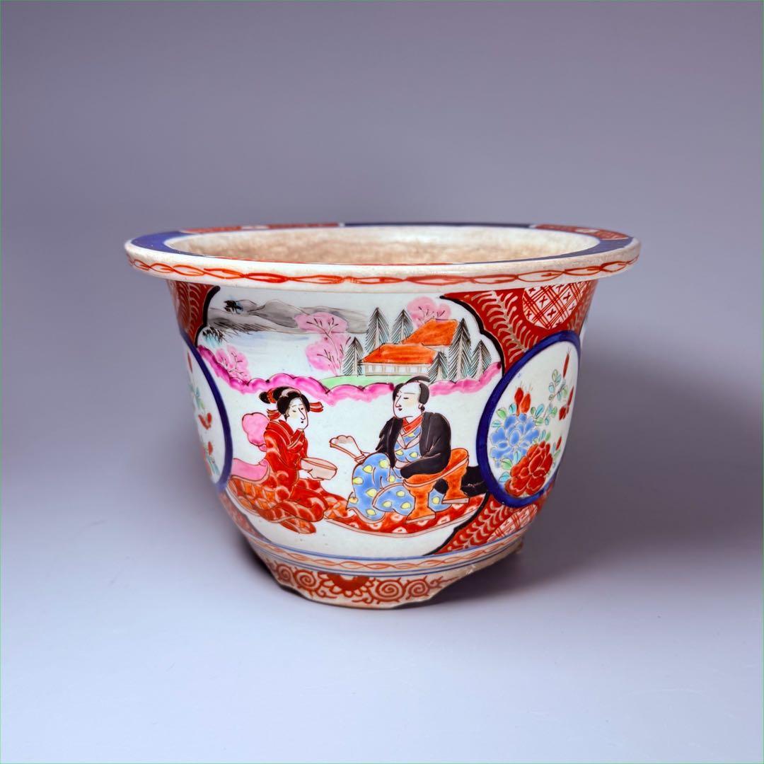 明治～大正期　輸出向　有田焼　色絵人物図　窓絵　アンティーク　植木鉢