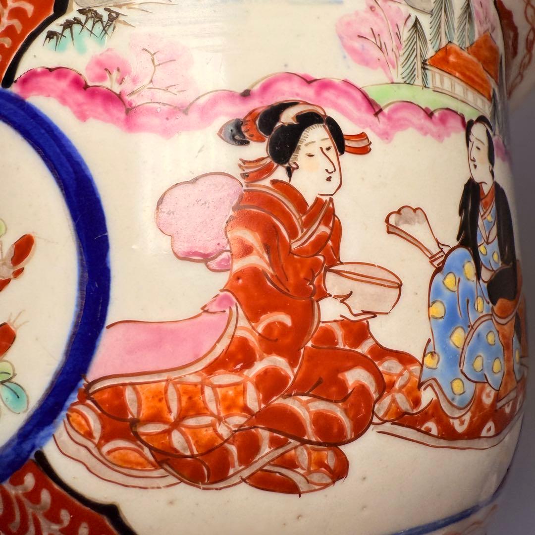 明治～大正期　輸出向　有田焼　色絵人物図　窓絵　アンティーク　植木鉢