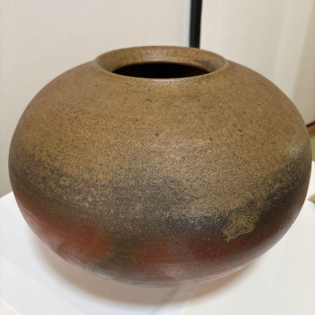 〔備前焼〕壺　茶色 球形 陶器広口 中村　勉作
