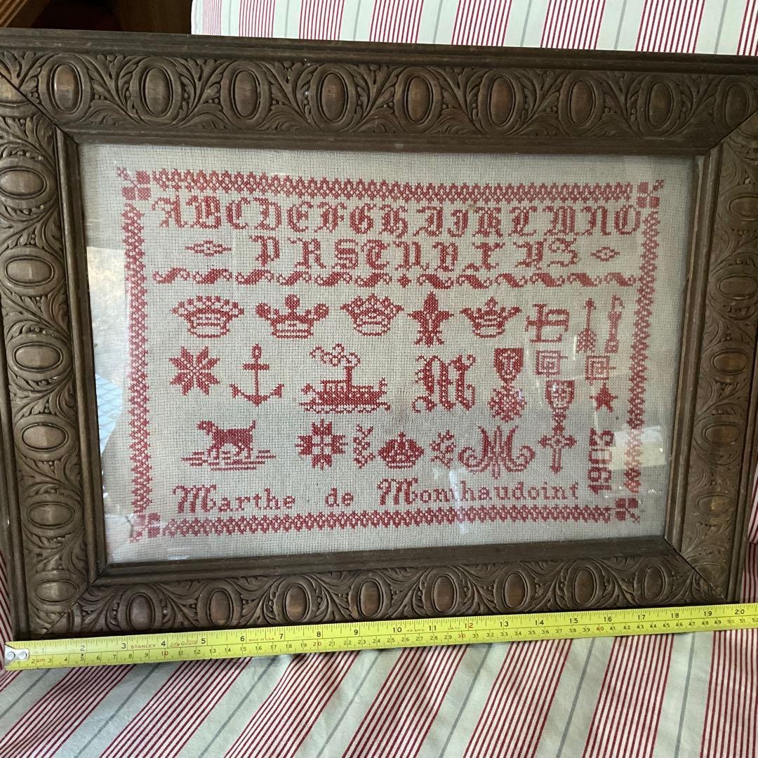 刺繍 フランス アンティーク サンプラー フレーム 1903年 ガラス入り 額装