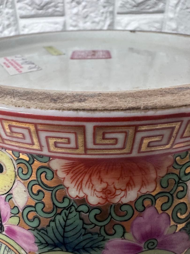 広東絵 粉彩 大花瓶 仕女図 花鳥 46cm 金彩 装飾壺　中国美術