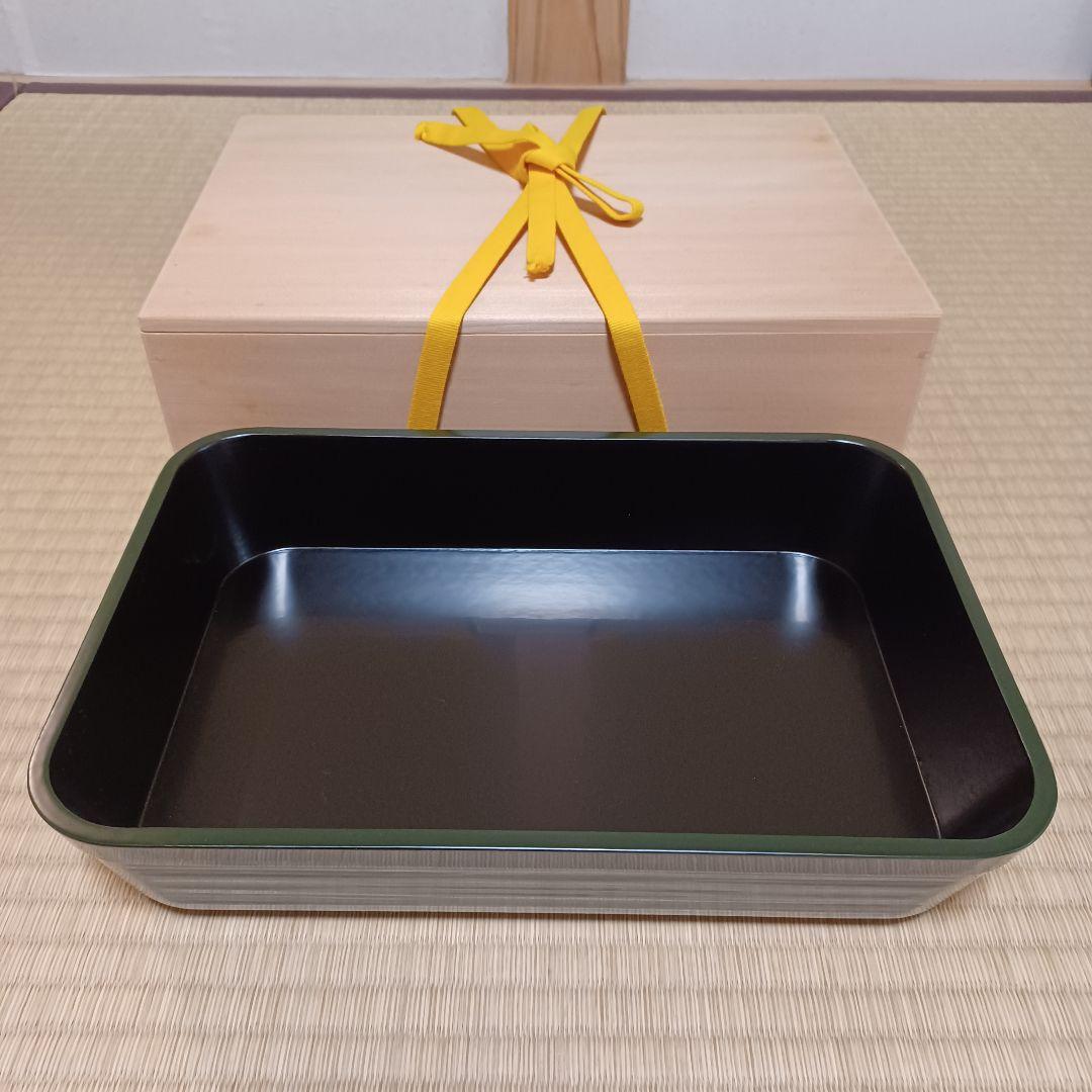 未使用　青漆　一閑塗　舟形　莨盆　即中斎好　表千家　桐箱有　茶道具　漆器　⑨