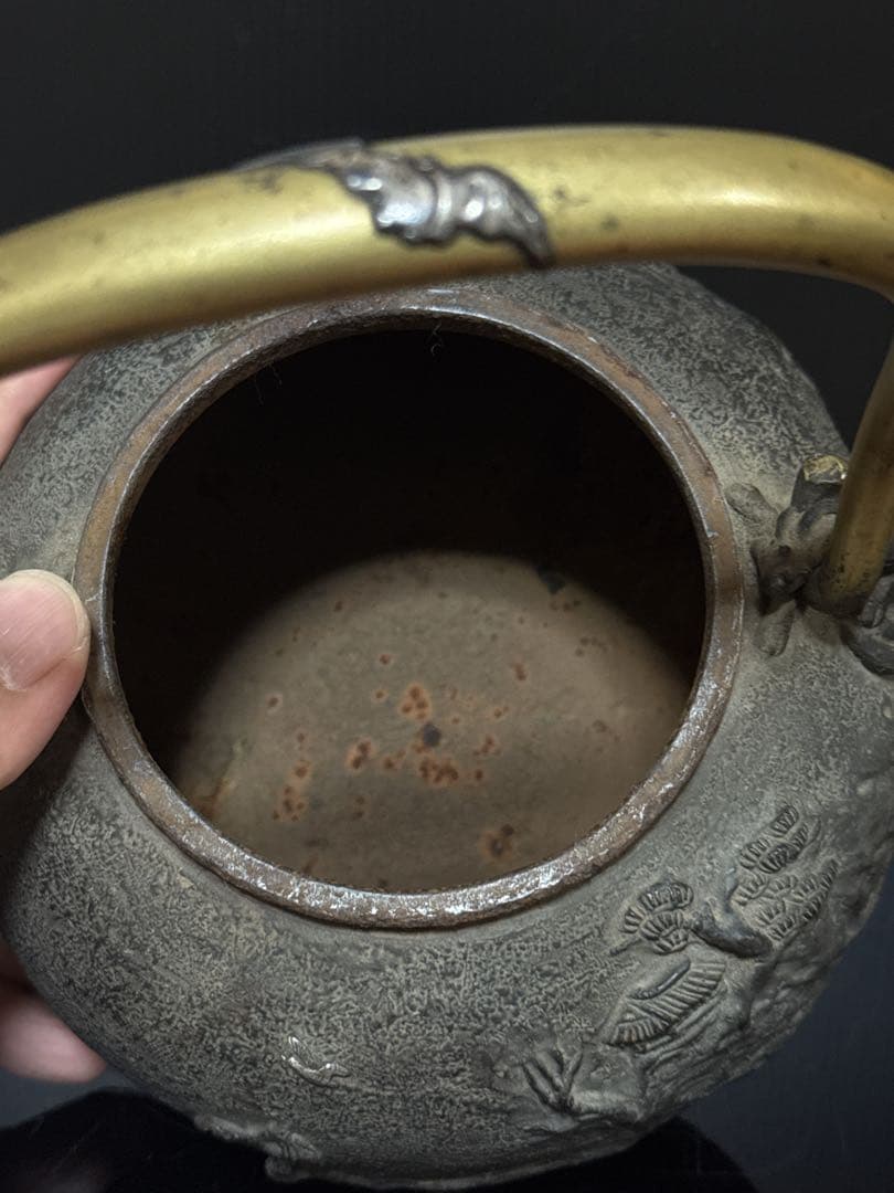 極上 中期 亀文堂 日本亀文 楼閣山水千鳥銀象嵌 蝙蝠象嵌提手 鉄瓶 茶道具