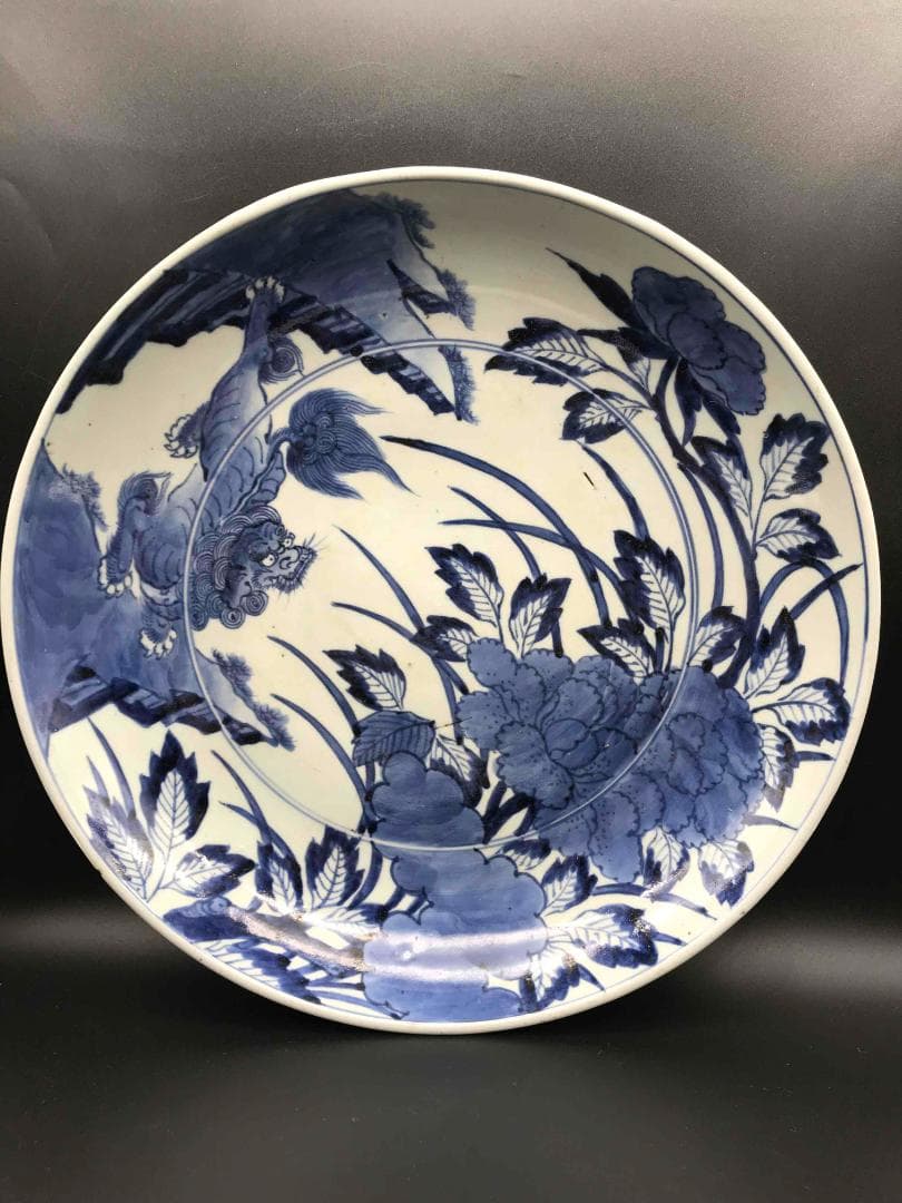 美術 大明成化年製　在銘　染付海水龍紋大盤　古物保証(A-7)