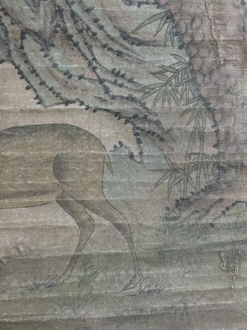 中国古美術 郎世寧款 松鹿図 絹本画 三尺 純手描き 肉筆 掛け軸 絵画 書道