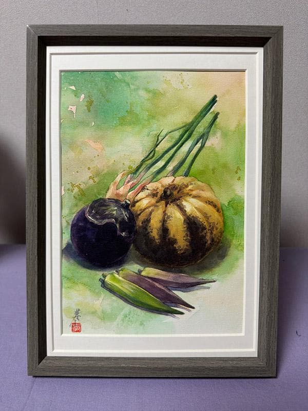 水彩アート「夏野菜　Ⅱ」1点物、手描き、真筆。
