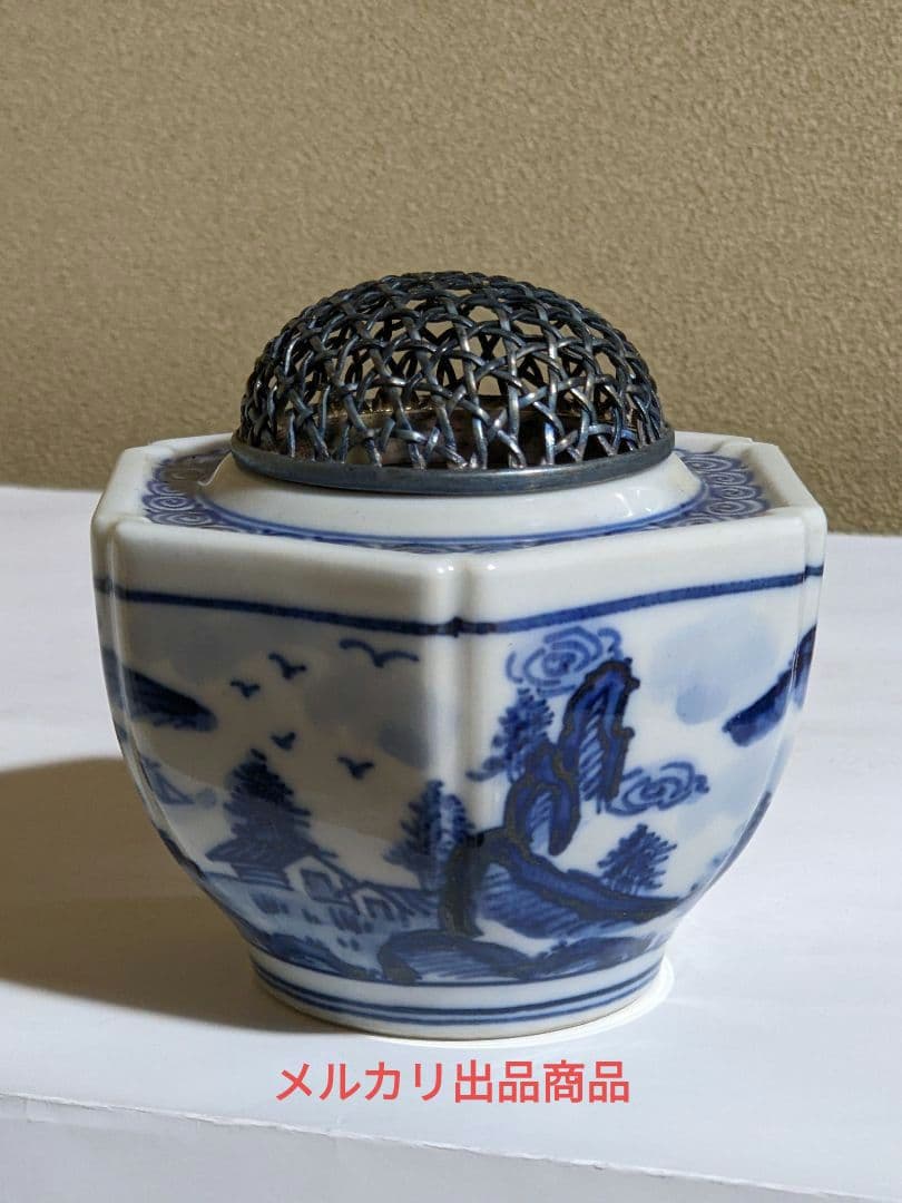⭐希少遺品少数 高橋道八造 江戸時代 染付山水帆掛け舟文 銀火屋 香炉 骨董品