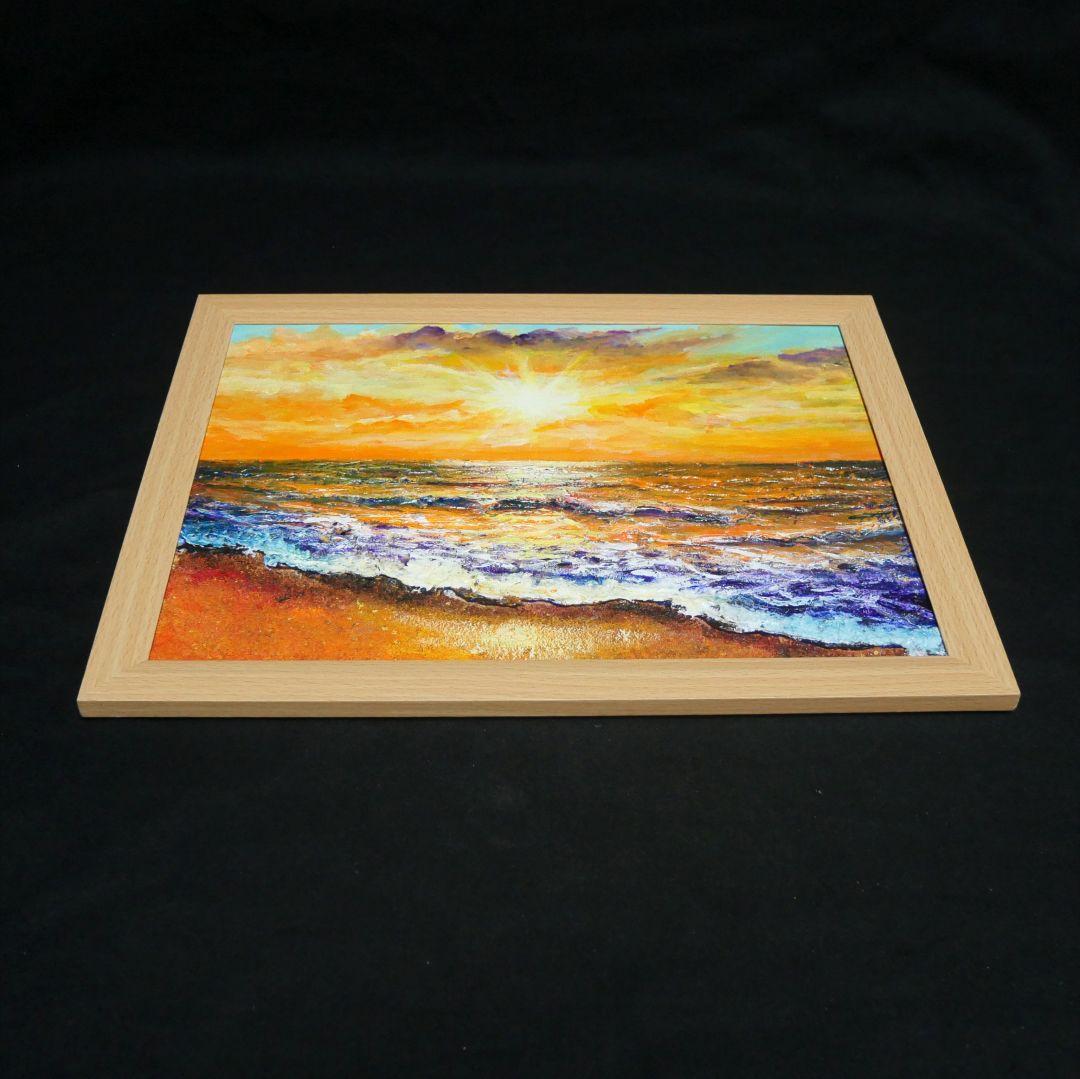 油絵 油彩 油彩画 絵 絵画【夕日に染まる海】A4