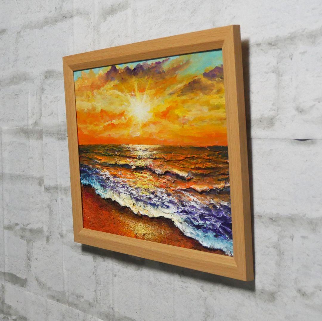 油絵 油彩 油彩画 絵 絵画【夕日に染まる海】A4