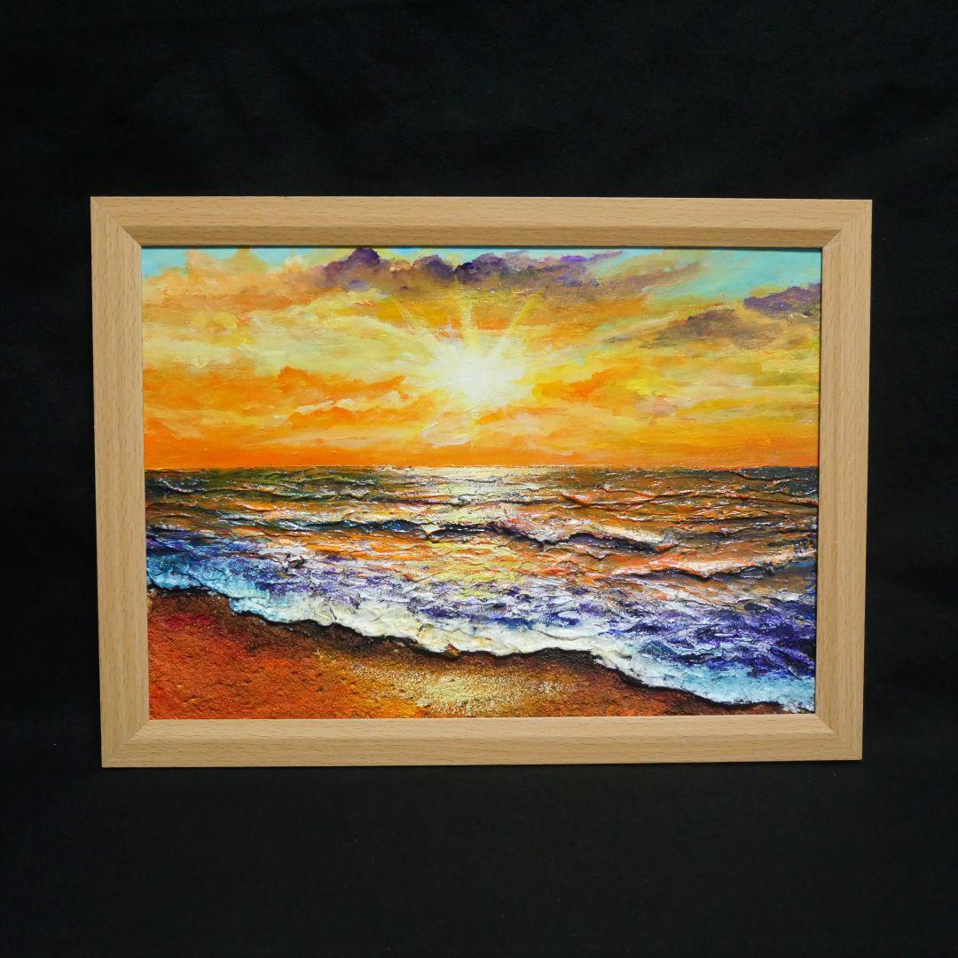 油絵 油彩 油彩画 絵 絵画【夕日に染まる海】A4