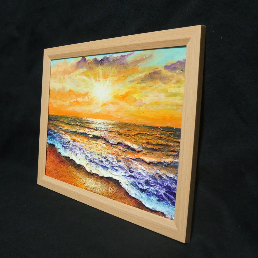 油絵 油彩 油彩画 絵 絵画【夕日に染まる海】A4