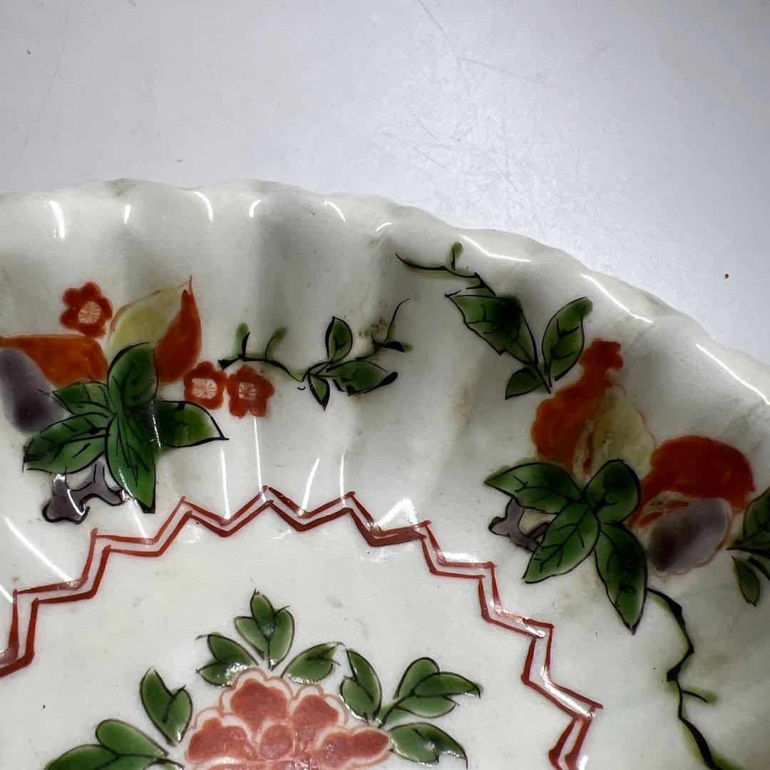 江戸中後期古伊万里赤絵花図　ギザギザ向付10客　木箱付　幅約12.7㎝　トトオサ