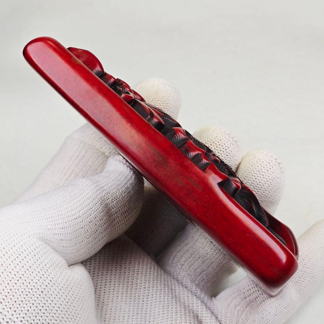 古文房具 鶏血石 鶏血玉 高浮彫 梅花仙桃紋 筆添 石硯 程良制在銘