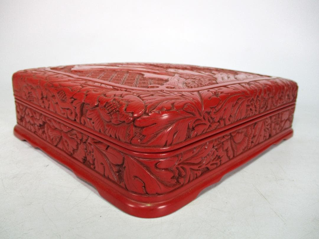 堆朱　漆器　山水図　文庫　文箱　硯箱　木製　緻密彫刻　文房具　中国美術　時代物