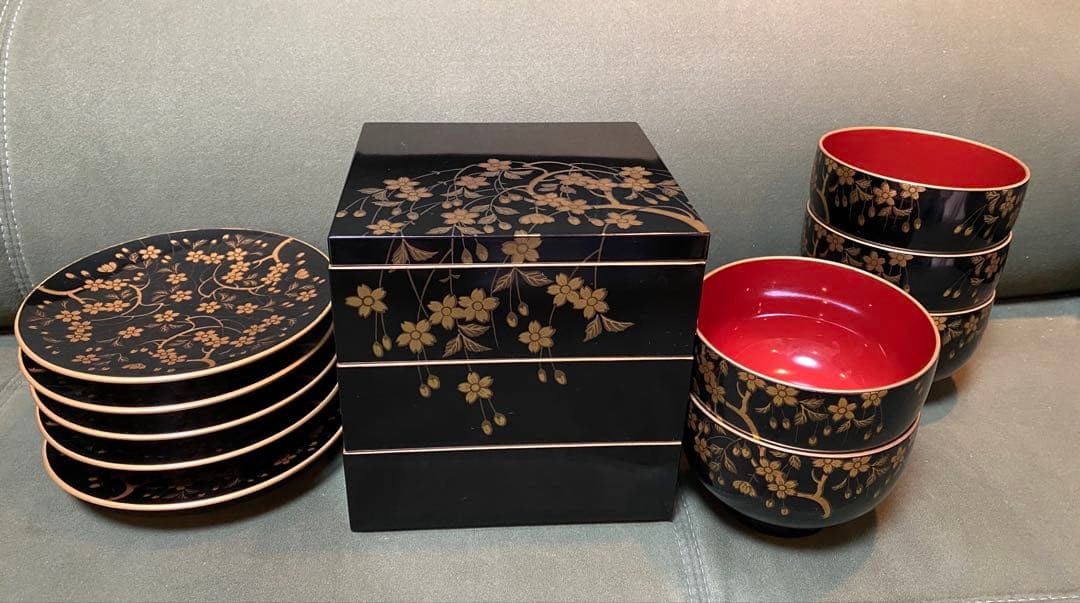 山中漆器 元禄シリーズ 北斎 金彩蒔絵 桜 重箱・銘々皿・汁椀 5個セット