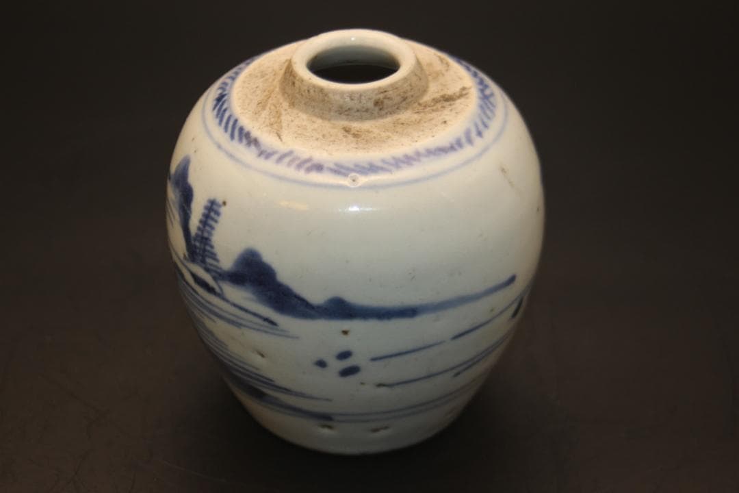 【海】古染付　清時代　人物山水絵中壺　本物保証！ 骨董品 時代品 美術品