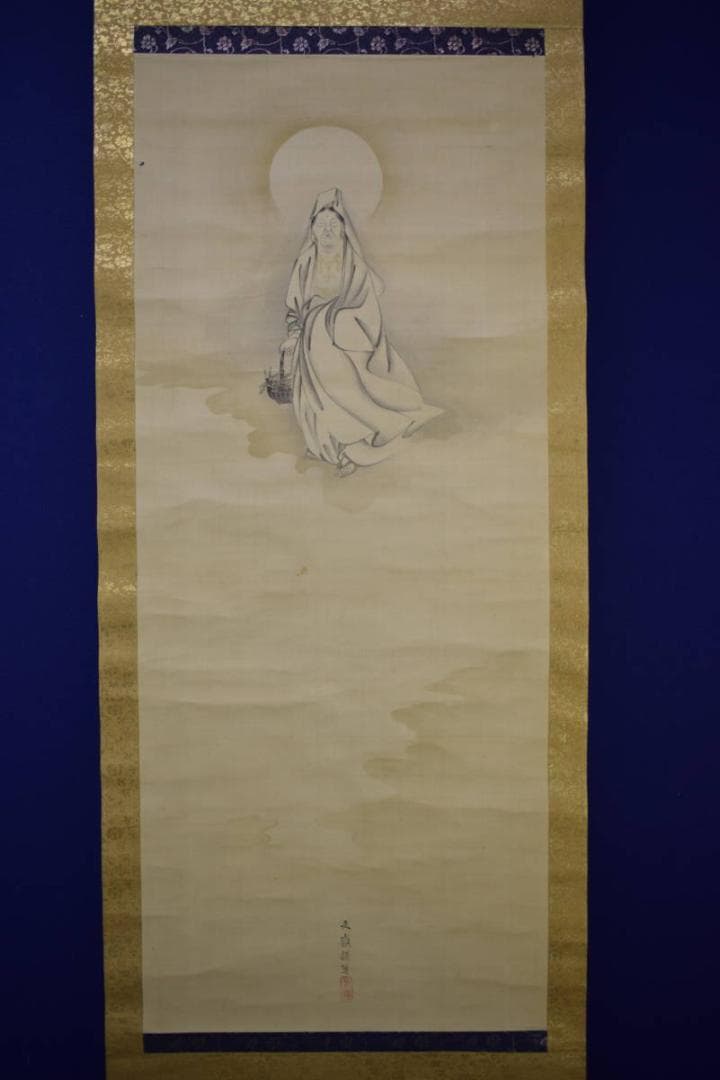 真作/前川文嶺/魚籃観音/雲上観音/白衣観音/桐題箱付/布袋屋掛軸HJ-117