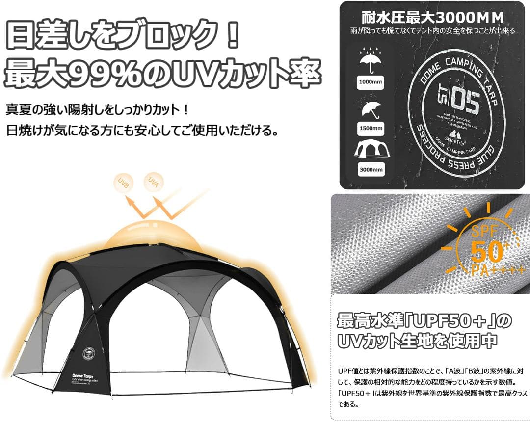 （本体*1 メッシュ窓*4）大型ドームテント UV加工 撥水 防水 キャンプ