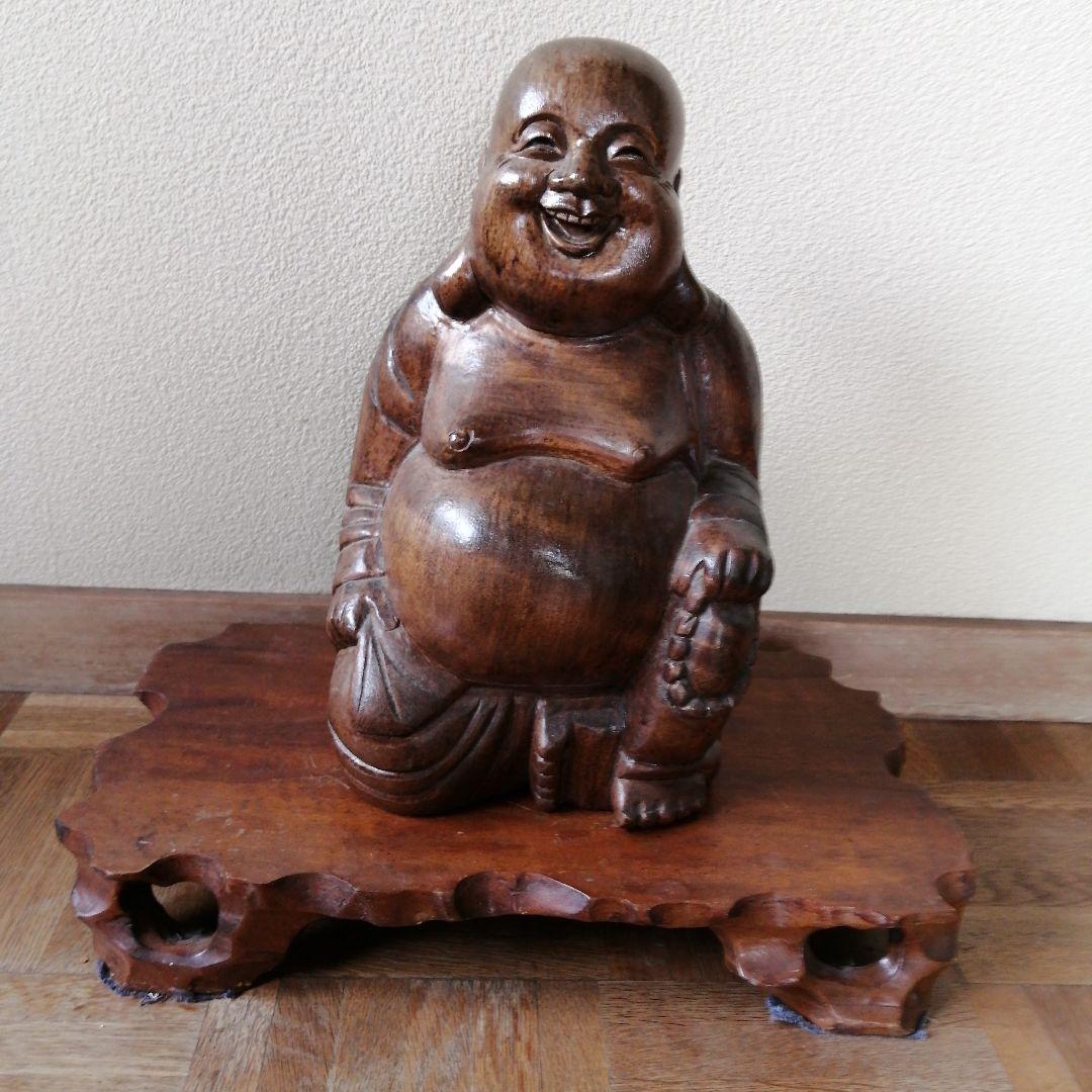 木彫り　縁起布袋　台