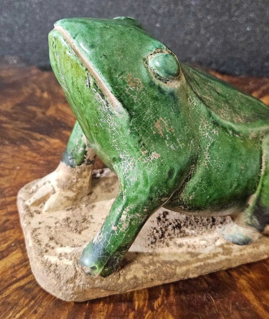 時代古作品❗】希少品❗】古代中国　漢～遼時代頃　緑釉　蛙形俑　よう　発掘品　置物