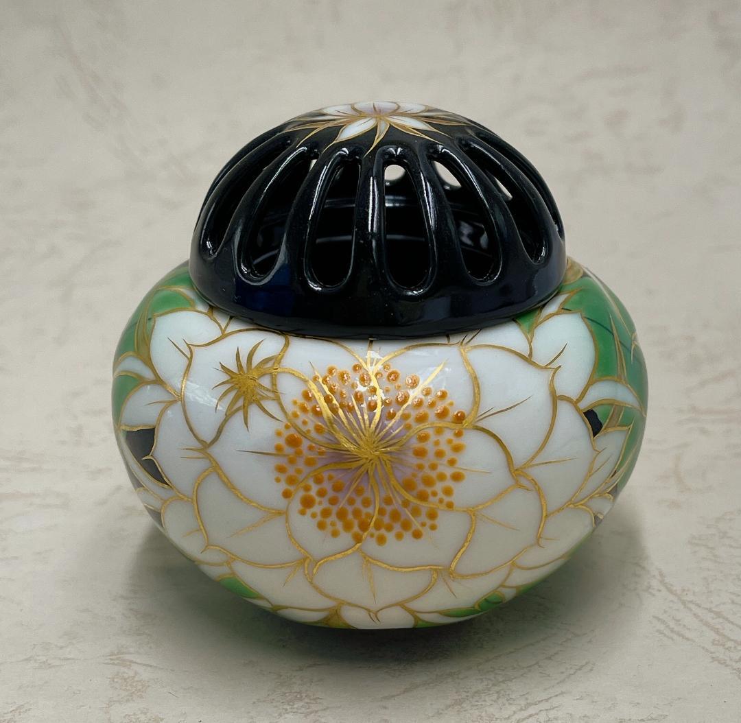 絶品！清水焼香炉★手描きオーダー発注品◆黒地×月下美人