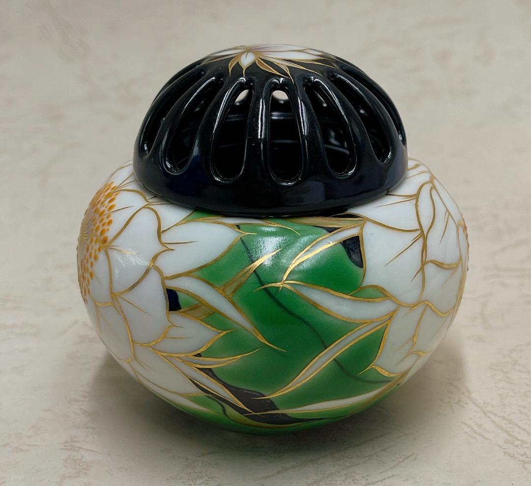 絶品！清水焼香炉★手描きオーダー発注品◆黒地×月下美人