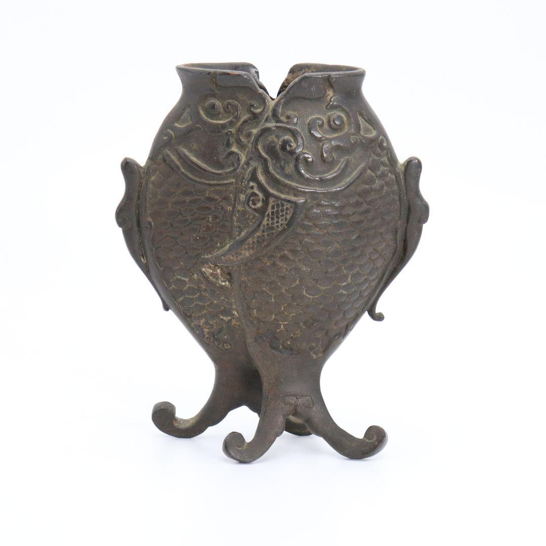 中国 古銅製 双魚花入 花器 花生 魚文 銅器　N64