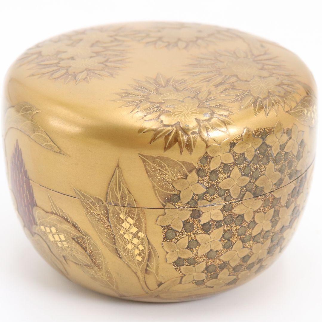 久世宗春作 四季草花金蒔絵 平棗 内金塗 梨子地 茶道具 共箱　DW947　N7