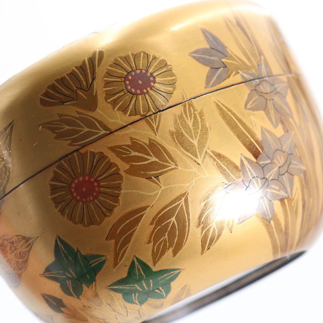 久世宗春作 四季草花金蒔絵 平棗 内金塗 梨子地 茶道具 共箱　DW947　N7