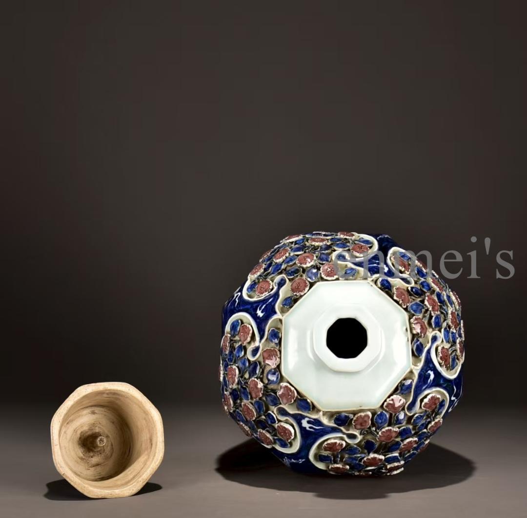 中国古美術 元代 青花釉里紅 龍紋 捏花如意紋 蓋付梅瓶 陶器花瓶 古陶磁 文房