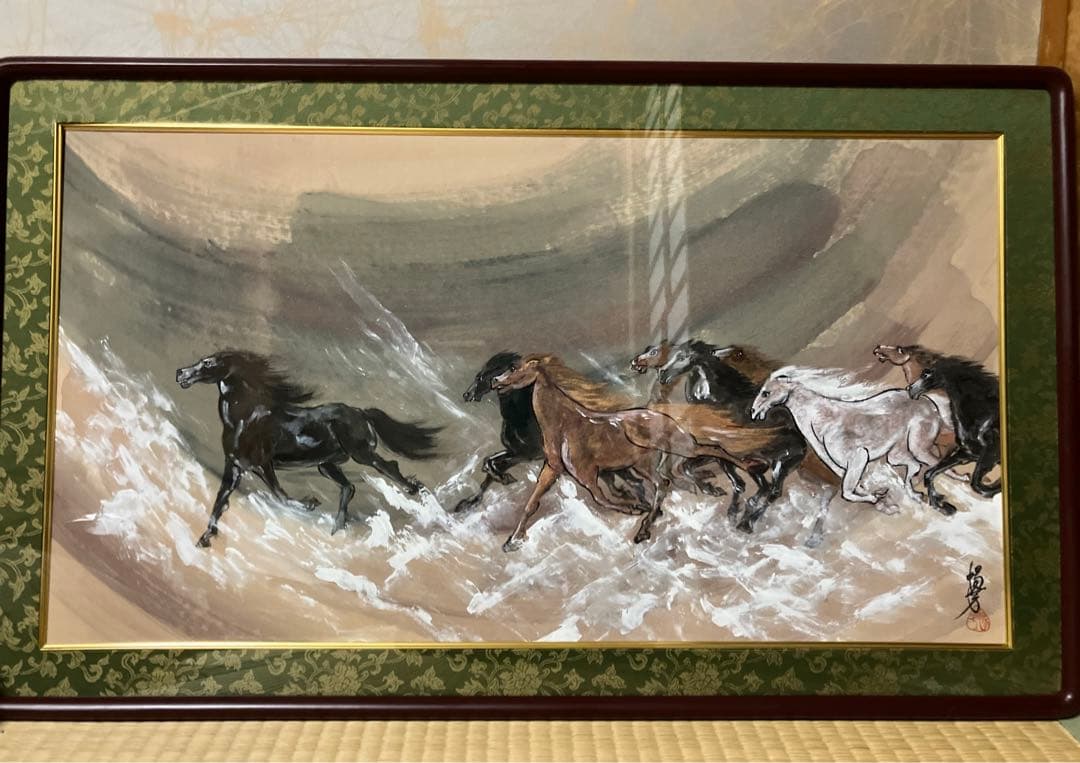 佐藤暢芳作、馬、シルク、絵画、サイン、落款