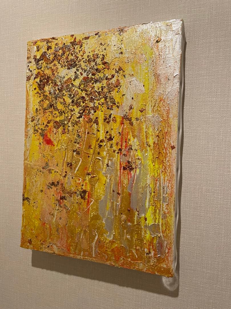 【始日夕陽】抽象アクリル絵画 2点セット　絵画　インテリア　ホテル　風水黄色　金