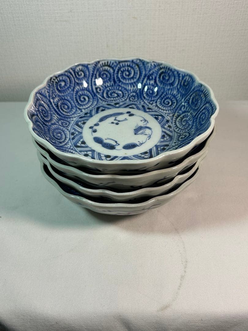 古伊万里染付　たこ唐草 膾皿　4枚 無傷 江戸時代後期(成化年製)